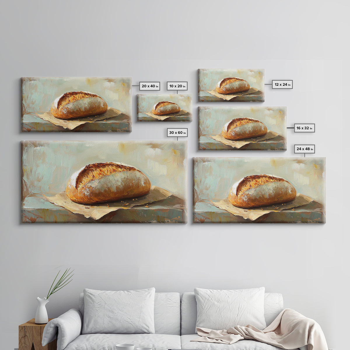 Crusty Artisan Bread Still Life Canvas Print, Rustic Kitchen Wall Art, Farmhouse Dining Room Decor, Foodie Housewarming Gift