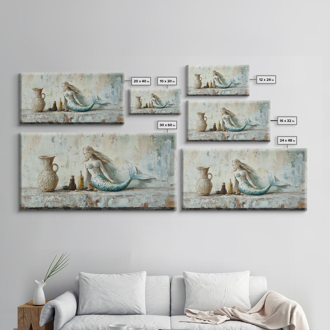 Rustic Mermaid Shelf Still Life Canvas Print, Coastal Wall Art, Beach House Decor, Nautical Bathroom Decor, Gift For Her