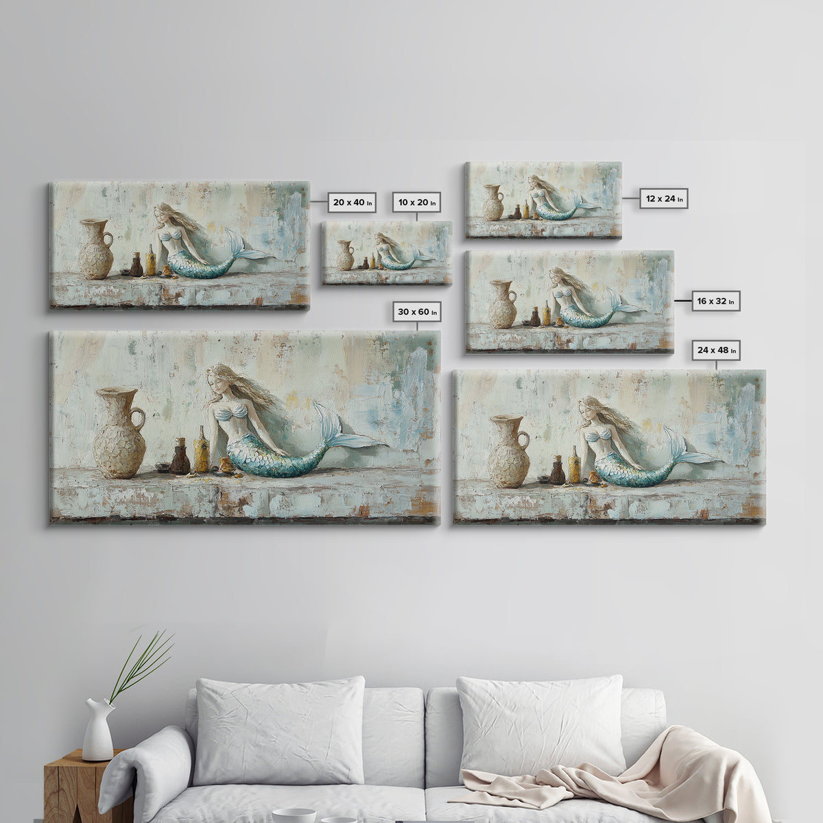 Rustic Mermaid Shelf Still Life Canvas Print, Coastal Wall Art, Beach House Decor, Nautical Bathroom Decor, Gift For Her