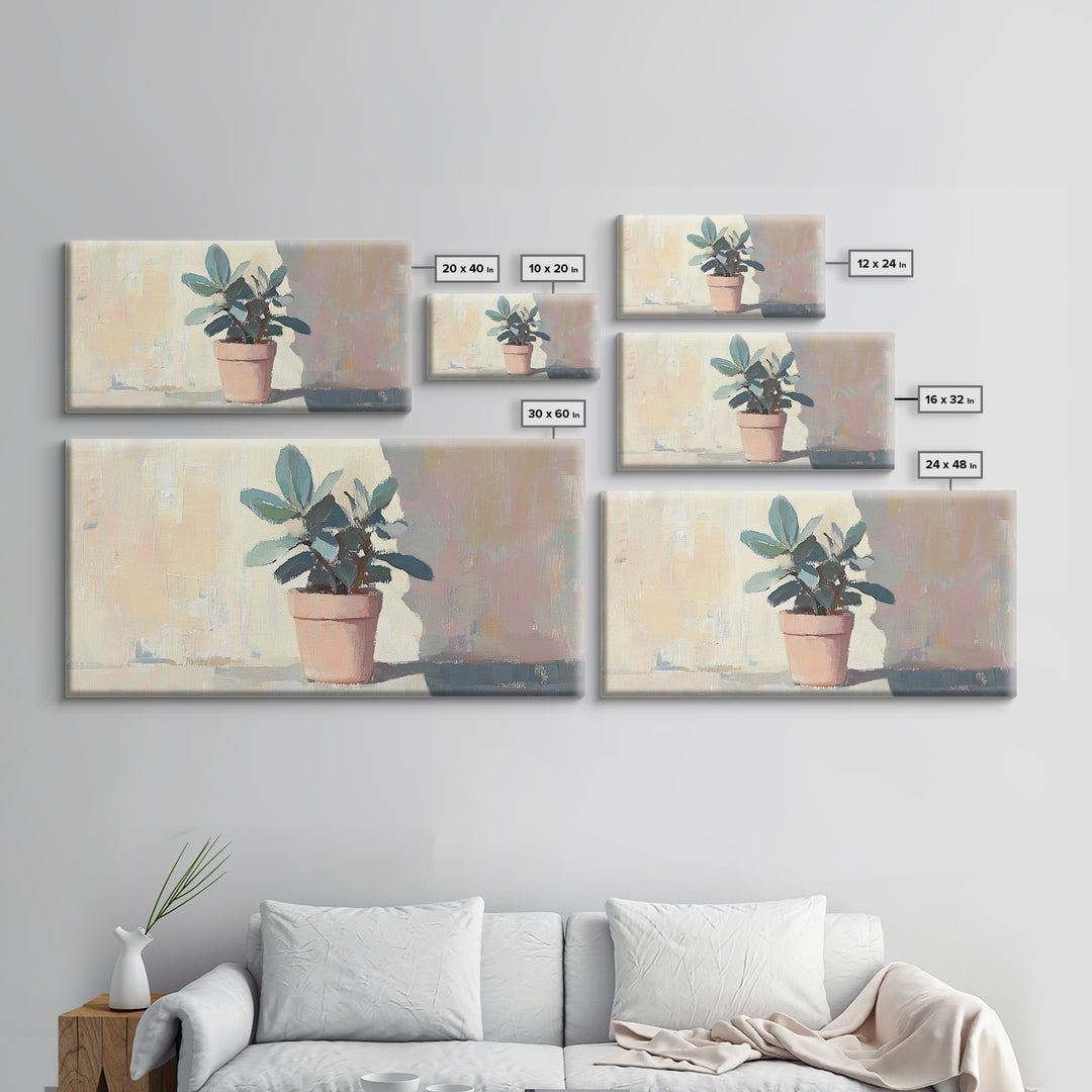 Potted Plant In Pink Pot Framed Canvas Print, Botanical Wall Art, Sage Green Decor, Modern Farmhouse Home Decor Gift Idea