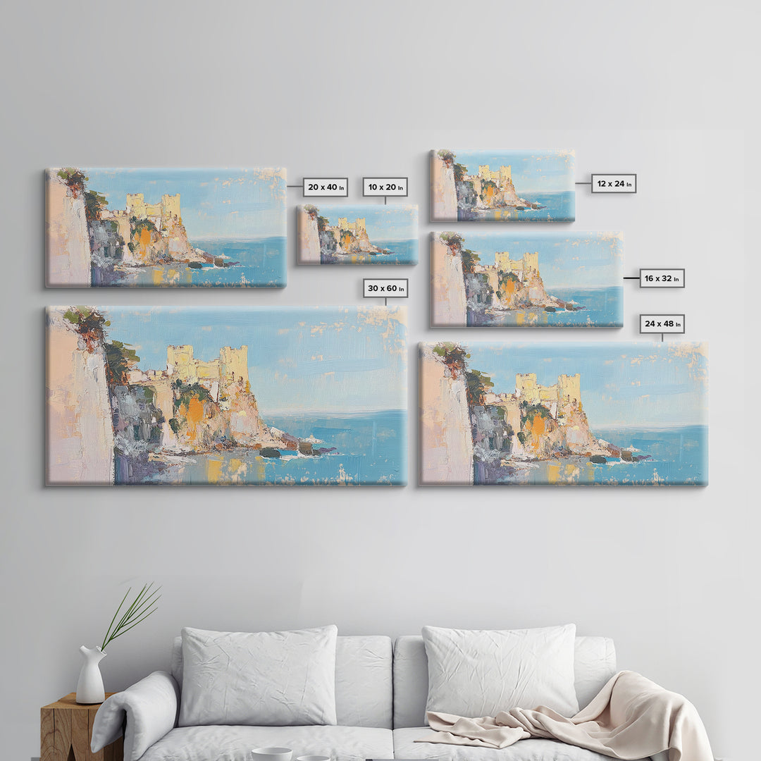 Sunlit Coastal Castle By Blue Sea Canvas Print, Mediterranean Wall Art, Italy Coast Decor, Seascape Painting, Travel Gift