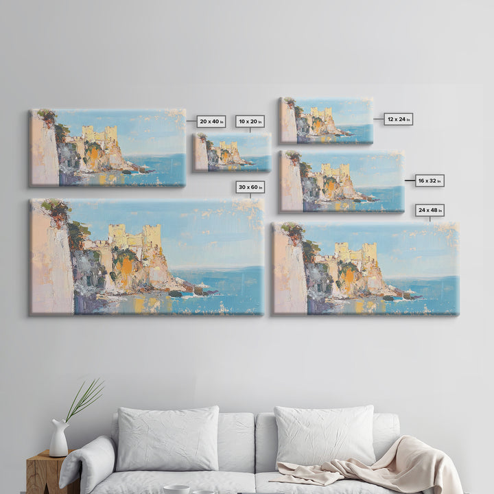 Sunlit Coastal Castle By Blue Sea Canvas Print, Mediterranean Wall Art, Italy Coast Decor, Seascape Painting, Travel Gift