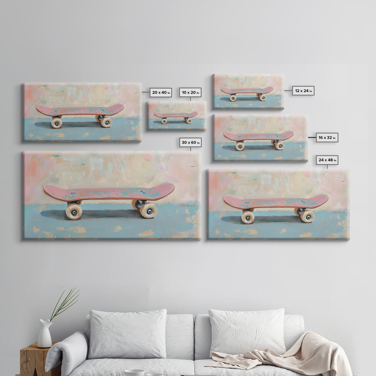 Pink Skateboard On Blue Wall Framed Canvas Print, Retro Wall Art, Teen Room Decor, Preppy Wall Art, Dopamine Decor Gift Idea