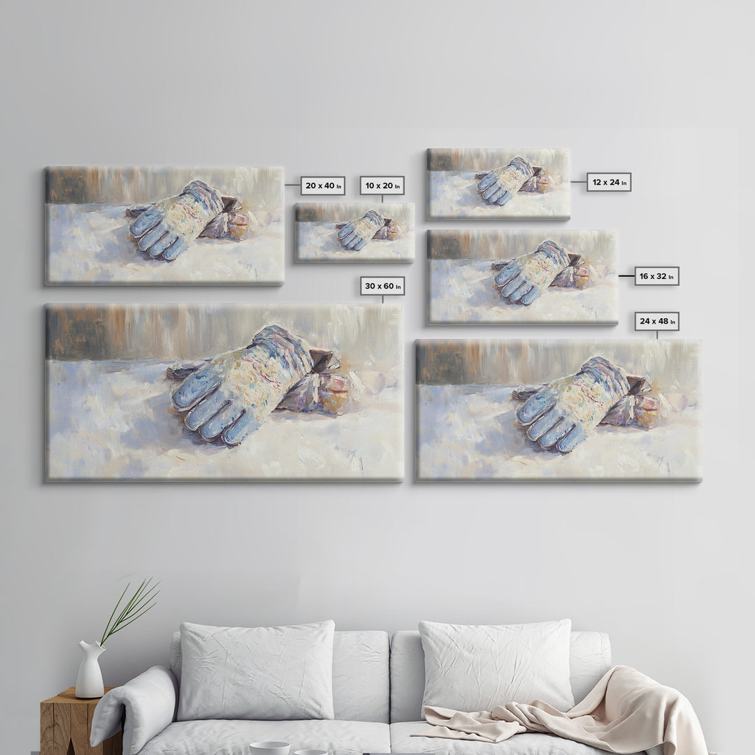 Snowy Blue Winter Glove Oil Painting Wall Art, Rustic Cabin Decor, Neutral Home Decor, Cozy Bedroom Art, Housewarming Gift