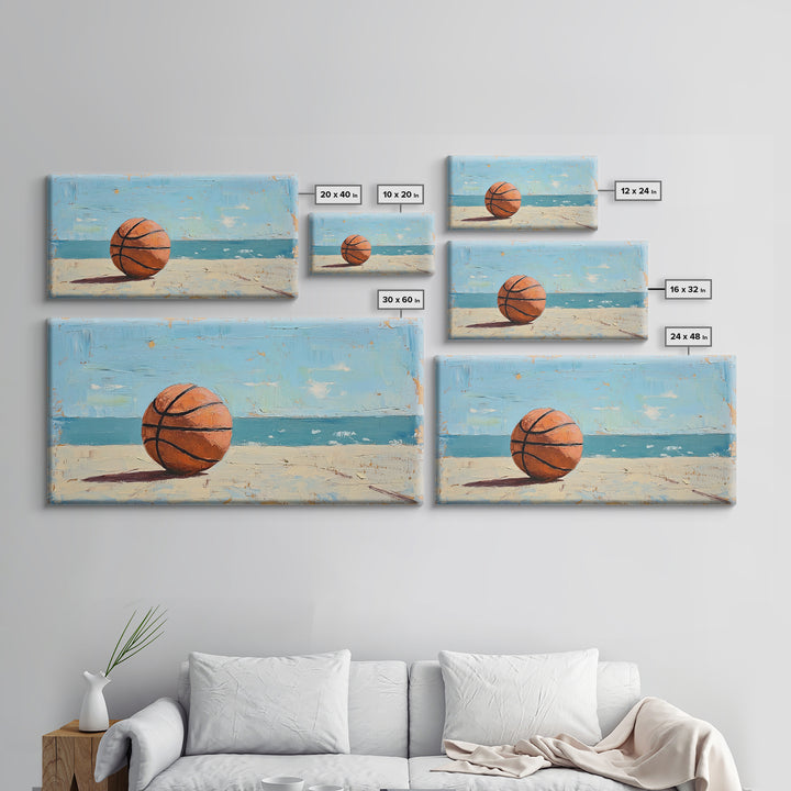 Basketball On Sandy Beach Canvas Print, Coastal Wall Art, Boys Room Decor, Sports Poster, Ocean Wall Decor, Gift For Him