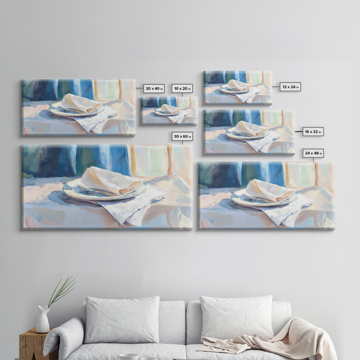 Blue Linen Plate Still Life Wall Art, Dining Room Print, Kitchen Decor, Modern Farmhouse Canvas, Neutral Home Decor, Housewarming Gift