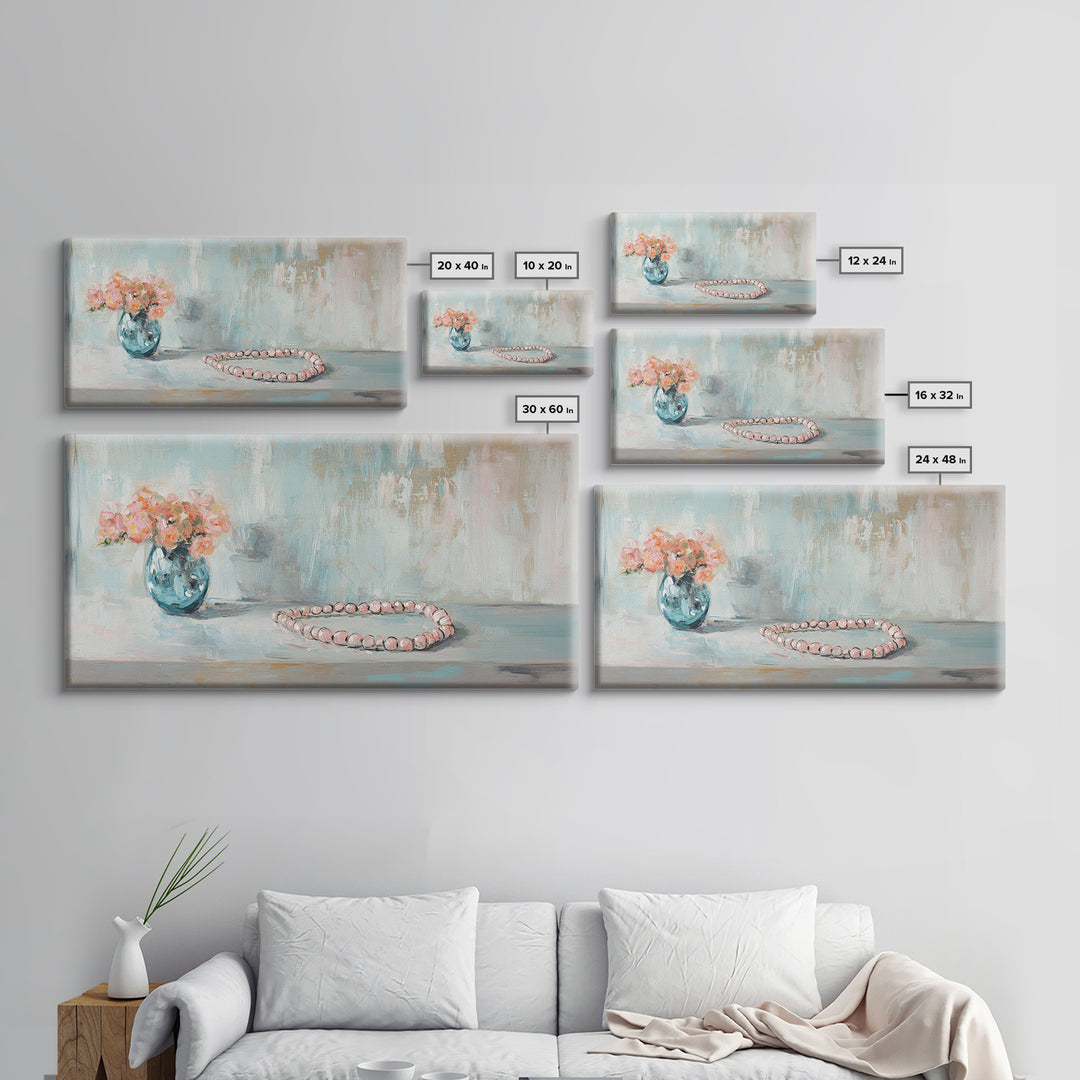 Pink Flowers And Pearl Necklace Framed Canvas Print, Feminine Wall Art, Romantic Bedroom Decor, Gift For Her, Soft Pastel Art