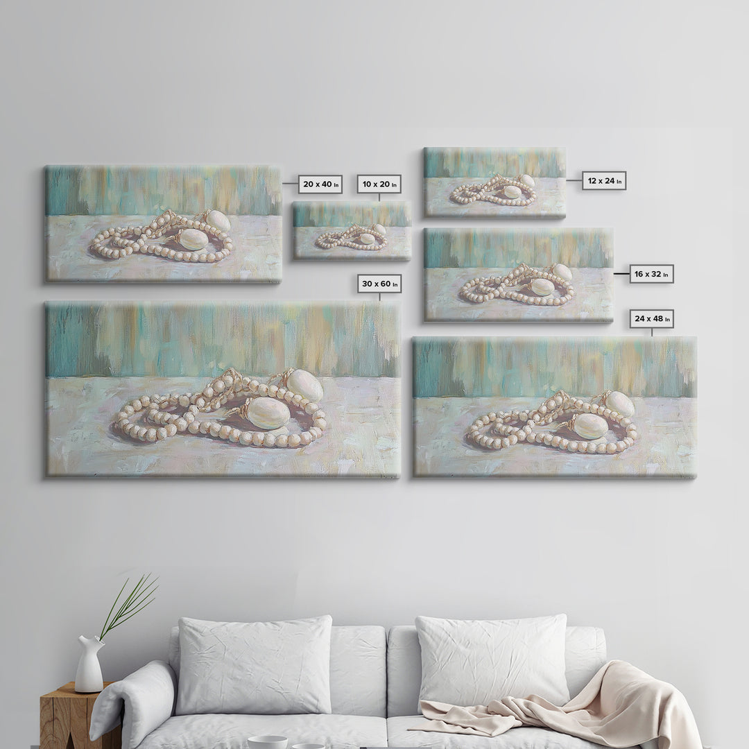 White Pearl Necklace Still Life Wall Art, Feminine Coastal Decor, Elegant Bathroom Art, Romantic Bedroom Canvas Print, Gift For Her