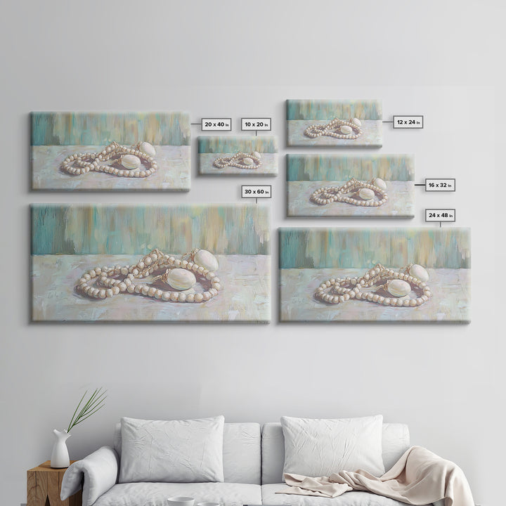 White Pearl Necklace Still Life Wall Art, Feminine Coastal Decor, Elegant Bathroom Art, Romantic Bedroom Canvas Print, Gift For Her