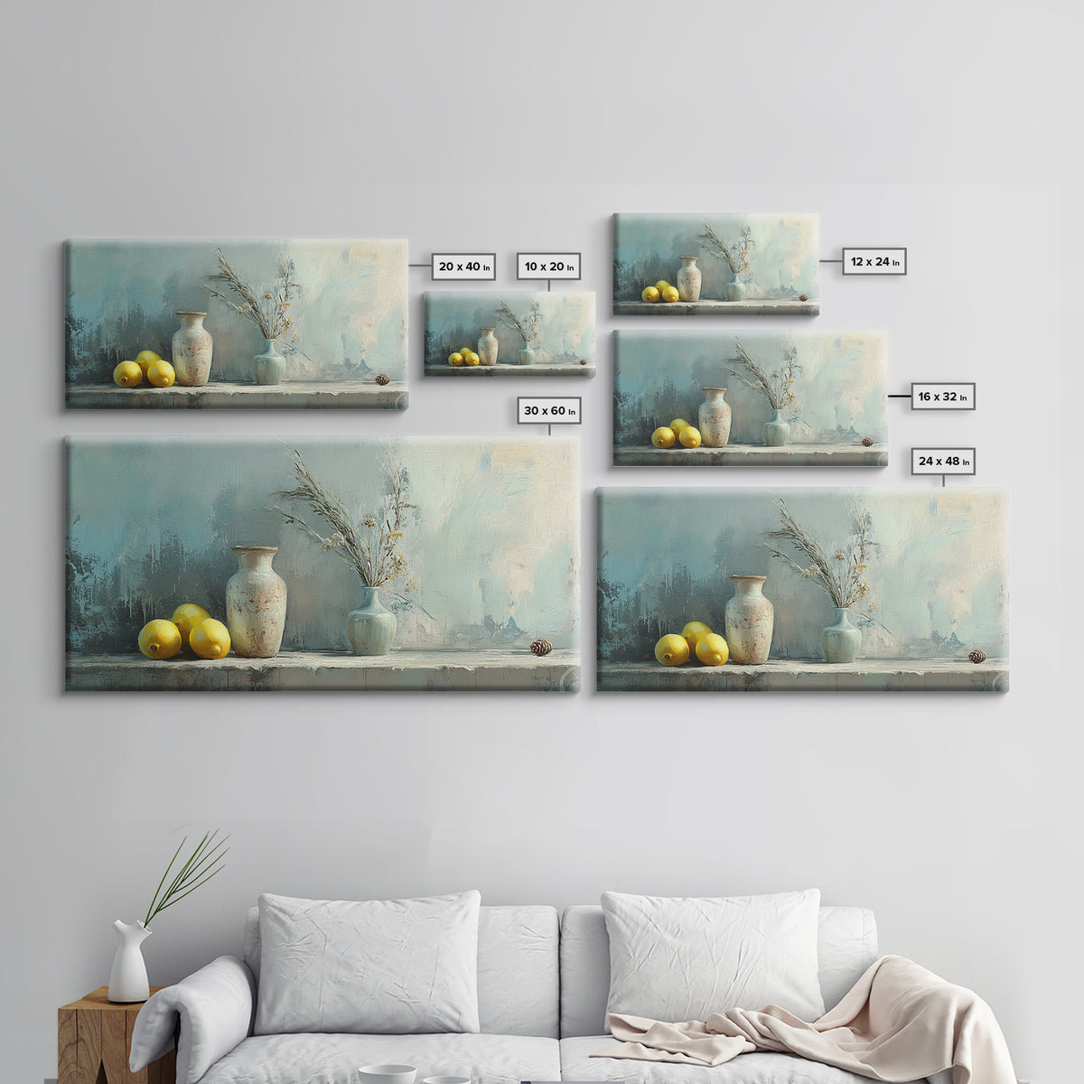 Lemons And Ceramic Vases Canvas Print, Rustic Kitchen Wall Art, French Country Decor, Neutral Still Life, Farmhouse Home Decor