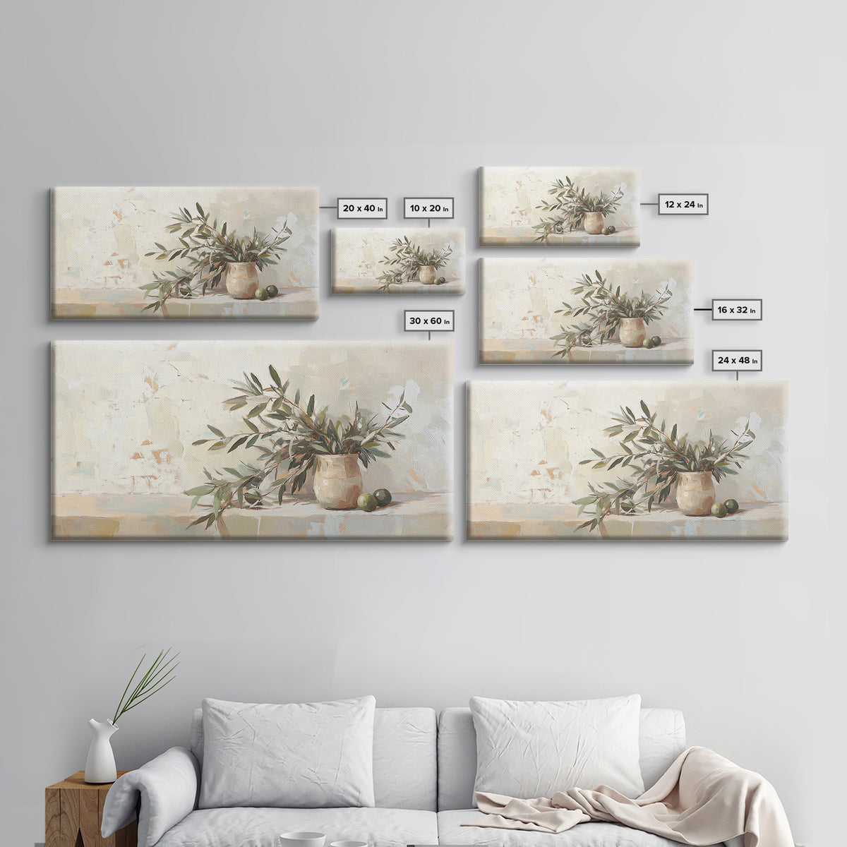 Olive Branches In Ceramic Vase Framed Canvas Print, Neutral Kitchen Decor, Botanical Wall Art, Mediterranean Home Decor Gift