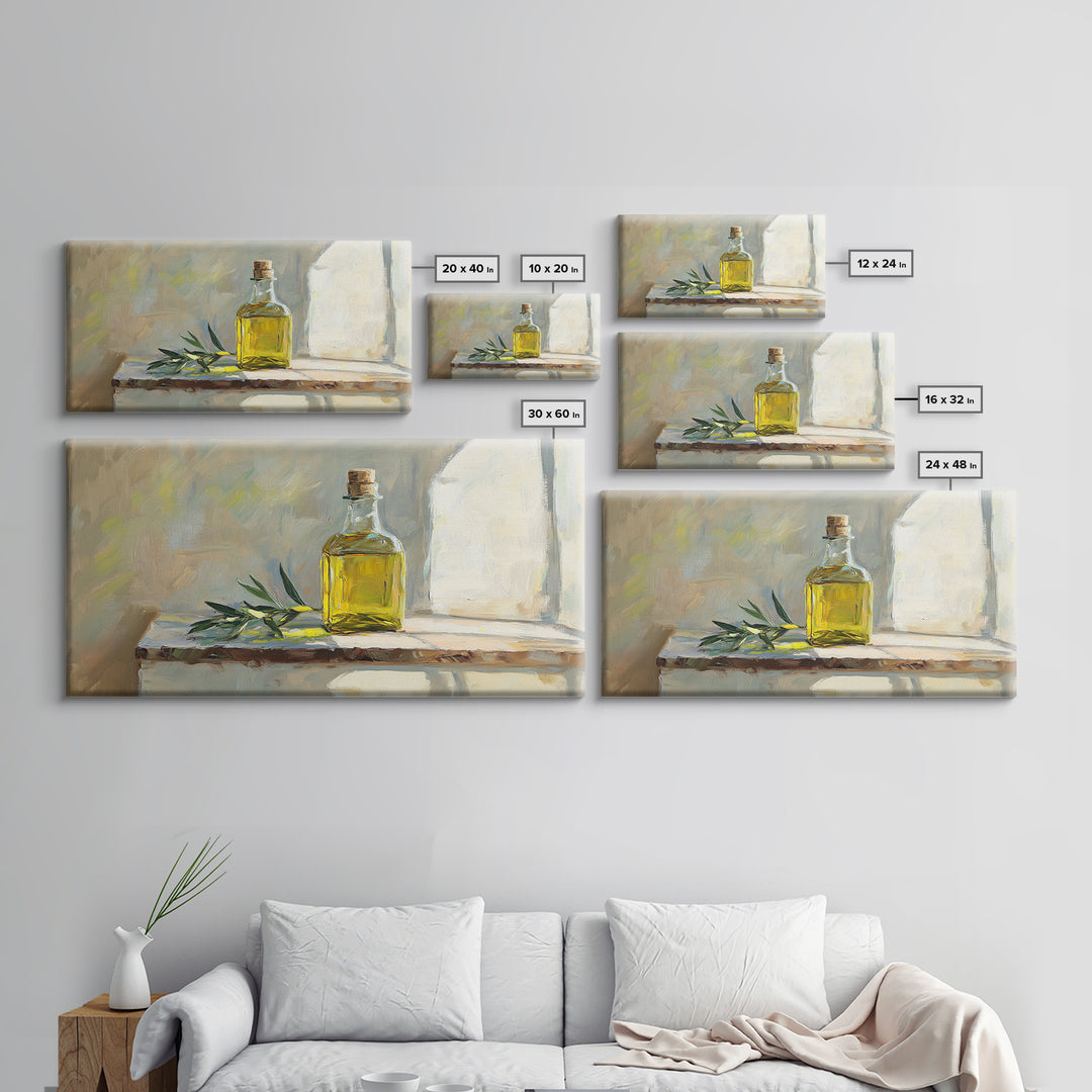 Sunlit Olive Oil Bottle On Rustic Shelf Canvas Print, Mediterranean Kitchen Wall Art, Still Life Painting, Fine Art Print