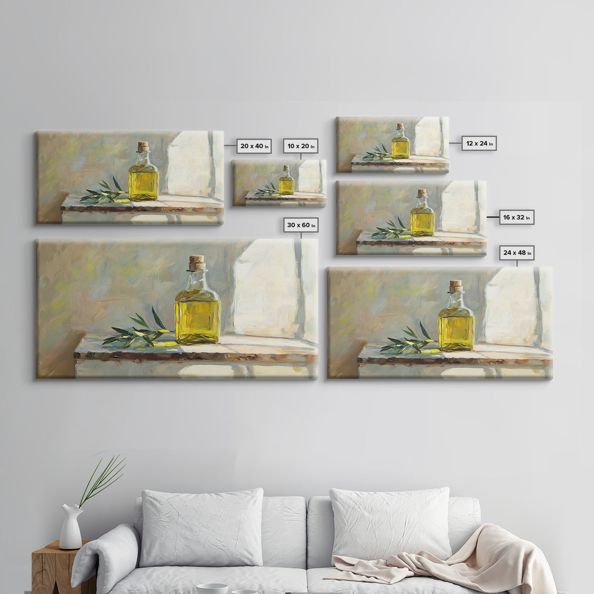 Sunlit Olive Oil Bottle On Rustic Shelf Canvas Print, Mediterranean Kitchen Wall Art, Still Life Painting, Fine Art Print