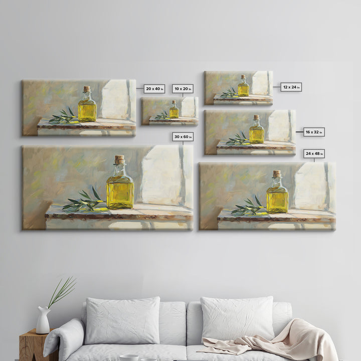 Sunlit Olive Oil Bottle On Rustic Shelf Canvas Print, Mediterranean Kitchen Wall Art, Still Life Painting, Fine Art Print