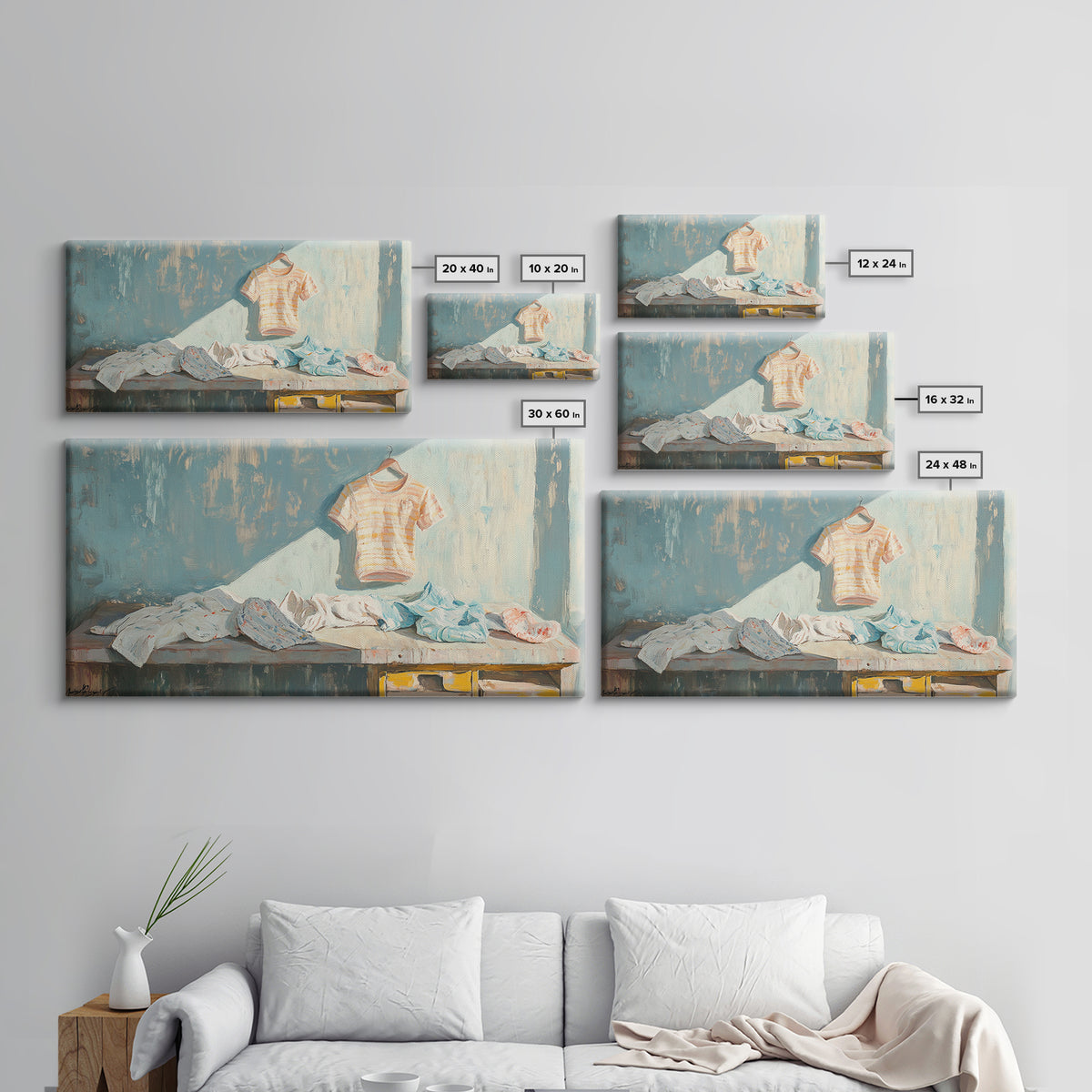 Sunlit Laundry Table With Baby Clothes Wall Art, Laundry Room Decor, Nursery Wall Art, Farmhouse Home Decor Canvas Print