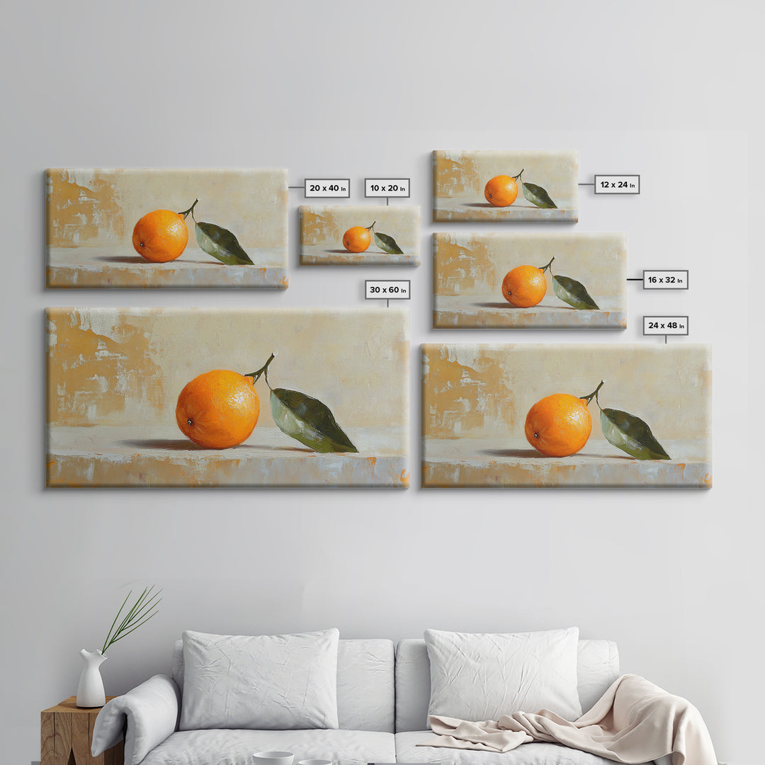 Single Orange With Glossy Green Leaf Canvas Print, Minimalist Kitchen Wall Art, Fruit Still Life, Modern Home Decor Gift