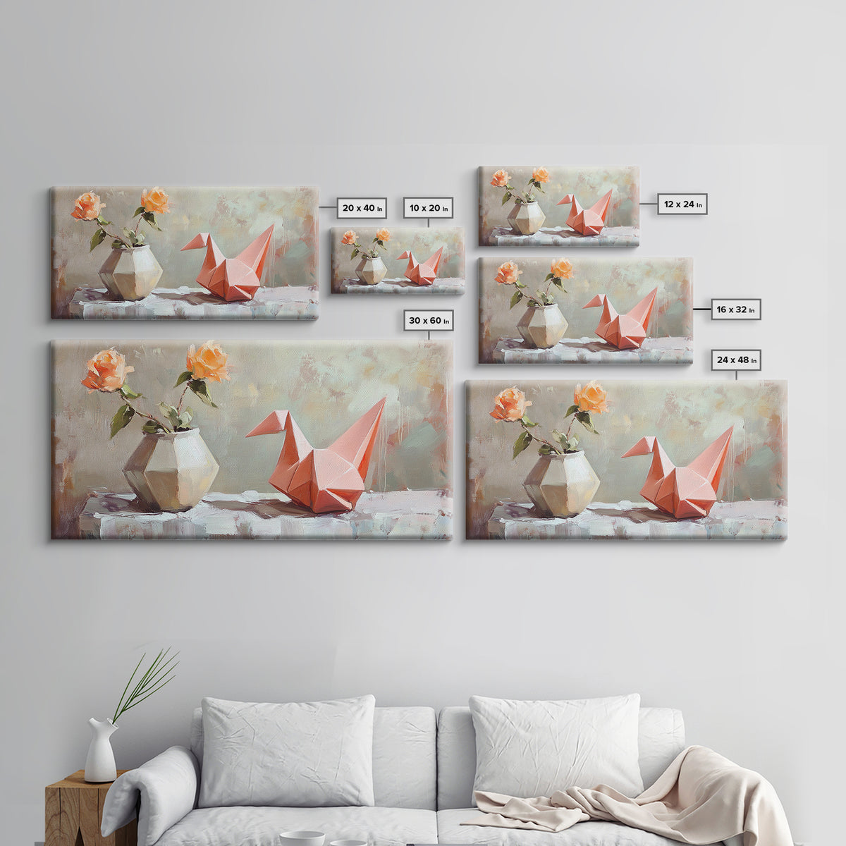 Pink Origami Fox With Peach Roses Wall Art, Whimsical Still Life Canvas Print, Girly Room Decor, Unique Gift For Her, Cute Prints