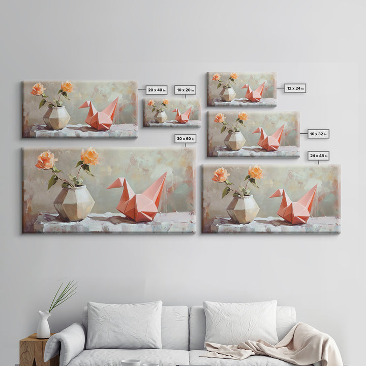Pink Origami Fox With Peach Roses Wall Art, Whimsical Still Life Canvas Print, Girly Room Decor, Unique Gift For Her, Cute Prints