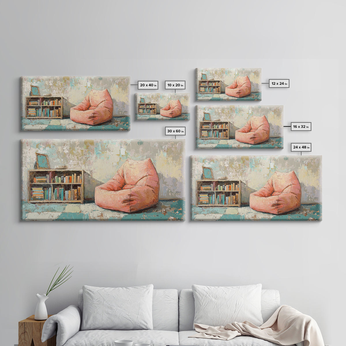 Cozy Pink Bean Bag Chair And Bookshelf Wall Art, Reading Nook Decor, Book Lover Art, Kids Room Canvas Print, Playroom Decor