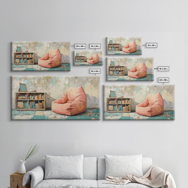 Cozy Pink Bean Bag Chair And Bookshelf Wall Art, Reading Nook Decor, Book Lover Art, Kids Room Canvas Print, Playroom Decor