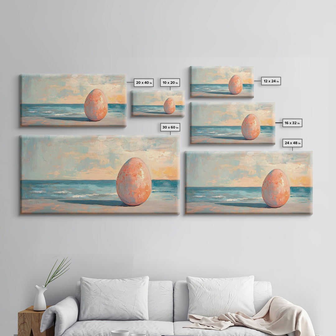 Surreal Pink Egg On Ocean Shore Canvas Print, Coastal Wall Art, Beach House Decor, Modern Seascape For Living Room, Statement Home Decor