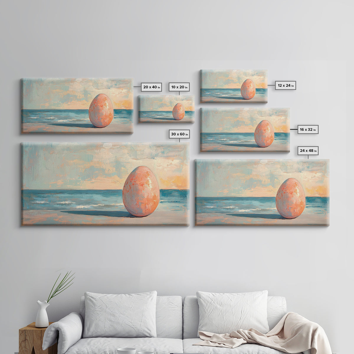 Surreal Pink Egg On Ocean Shore Canvas Print, Coastal Wall Art, Beach House Decor, Modern Seascape For Living Room, Statement Home Decor