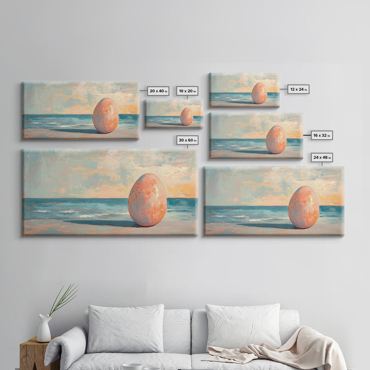 Surreal Pink Egg On Ocean Shore Canvas Print, Coastal Wall Art, Beach House Decor, Modern Seascape For Living Room, Statement Home Decor