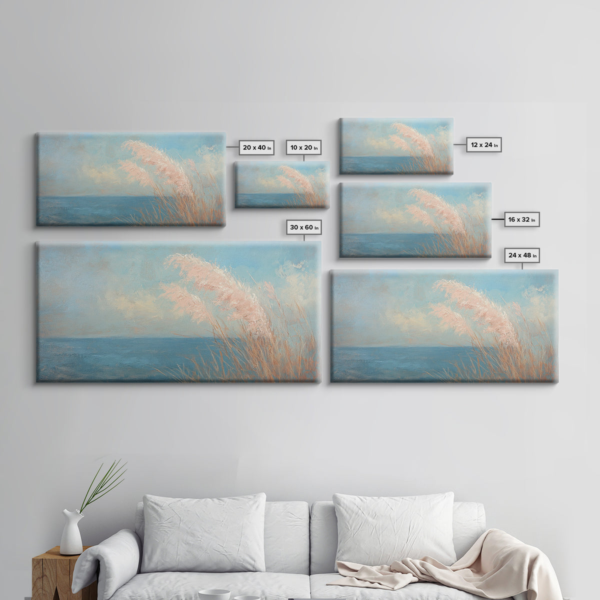 Soft Pampas Grass By Blue Sea Wall Art, Coastal Canvas Print, Minimalist Beach House Decor, Serene Nature Wall Decor, For Bedroom