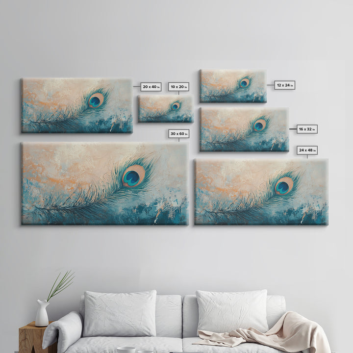 Teal Peacock Feather On Textured Beige Wall Art, Boho Canvas Print, Bird Lover Gift, Eclectic Coastal Home Decor, For Bedroom