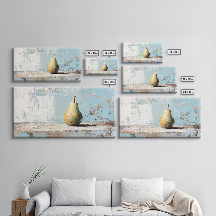 Golden Pear Still Life On Blue Rustic Canvas Print, Kitchen Wall Art, Farmhouse Fruit Decor, Neutral Home Decor, For Dining Room