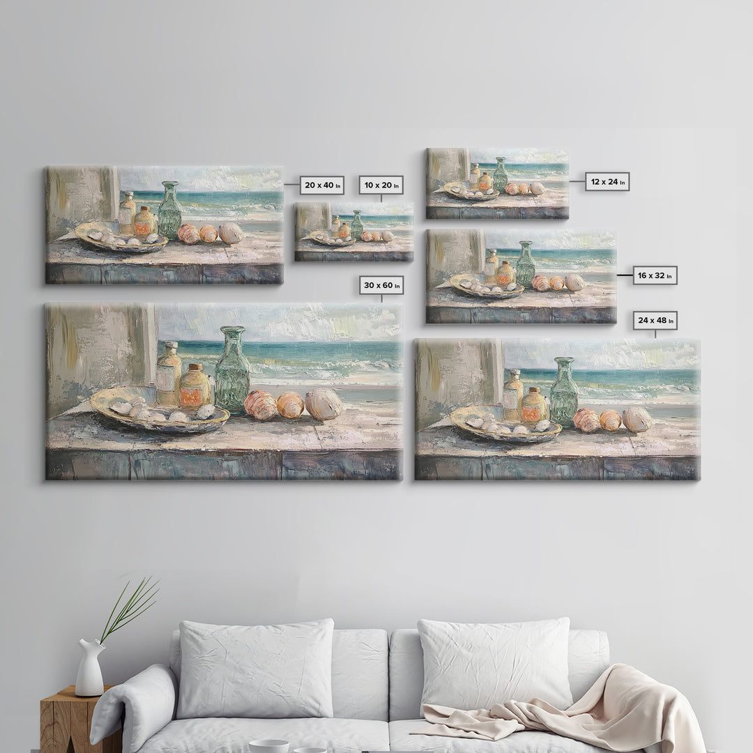 Seashells And Green Glass Bottle Canvas Print, Coastal Kitchen Wall Art, Beach House Decor, Nautical Still Life Fine Art Print