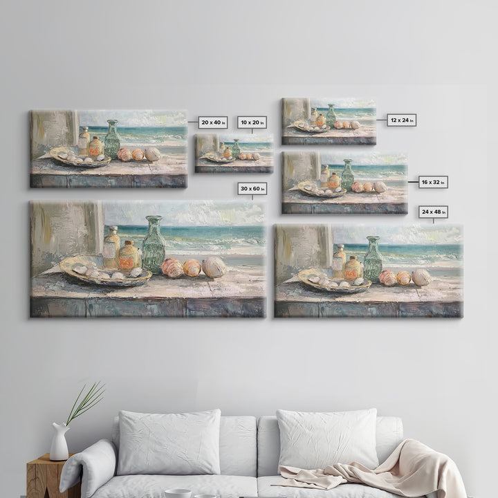 Seashells And Green Glass Bottle Canvas Print, Coastal Kitchen Wall Art, Beach House Decor, Nautical Still Life Fine Art Print