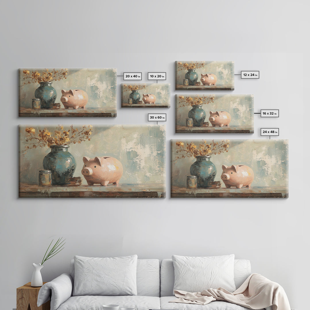 Pink Piggy Bank And Rustic Vase Wall Art, Whimsical Farmhouse Decor, Nursery Animal Canvas Print, Housewarming Gift, Gift For Her