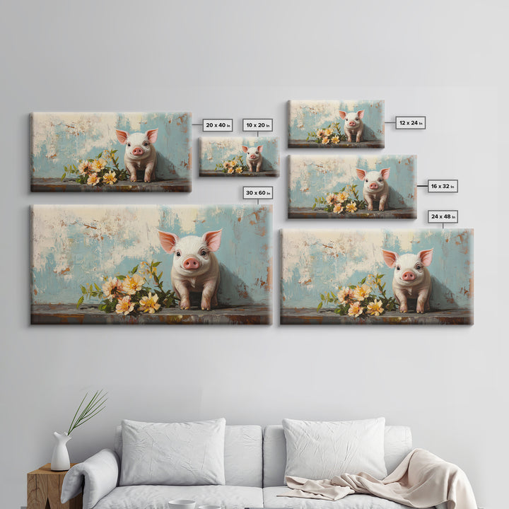 Cute Piglet With Spring Flowers Canvas Print, Farm Animal Wall Art, Whimsical Nursery Decor, Farmhouse Kitchen Wall Decor