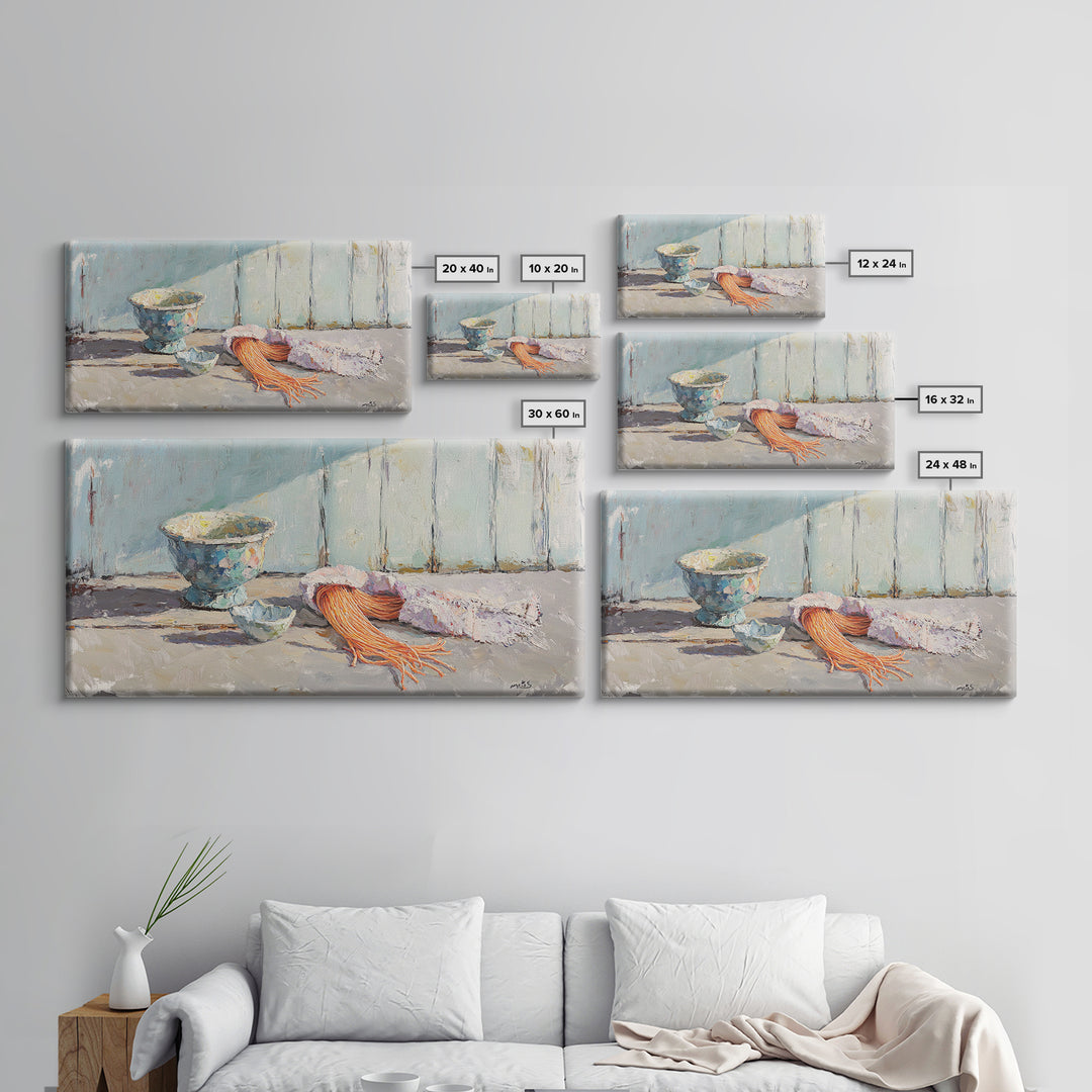Coastal Bowl And Coral Still Life Wall Art, Textured Canvas Print For Beach House Decor And Ocean Nautical Living Room Decor