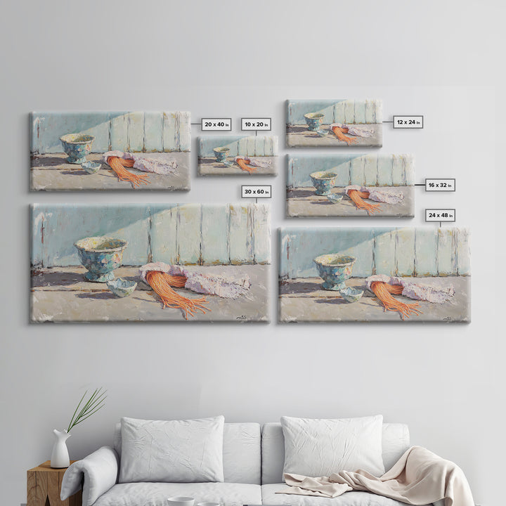 Coastal Bowl And Coral Still Life Wall Art, Textured Canvas Print For Beach House Decor And Ocean Nautical Living Room Decor