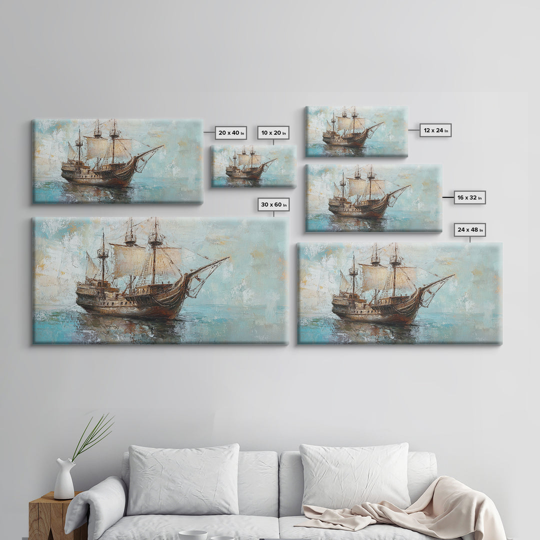 Antique Sailing Ship Seascape Wall Art, Nautical Canvas Print For Coastal Home Decor, Beach House Decor, And Ocean Wall Decor