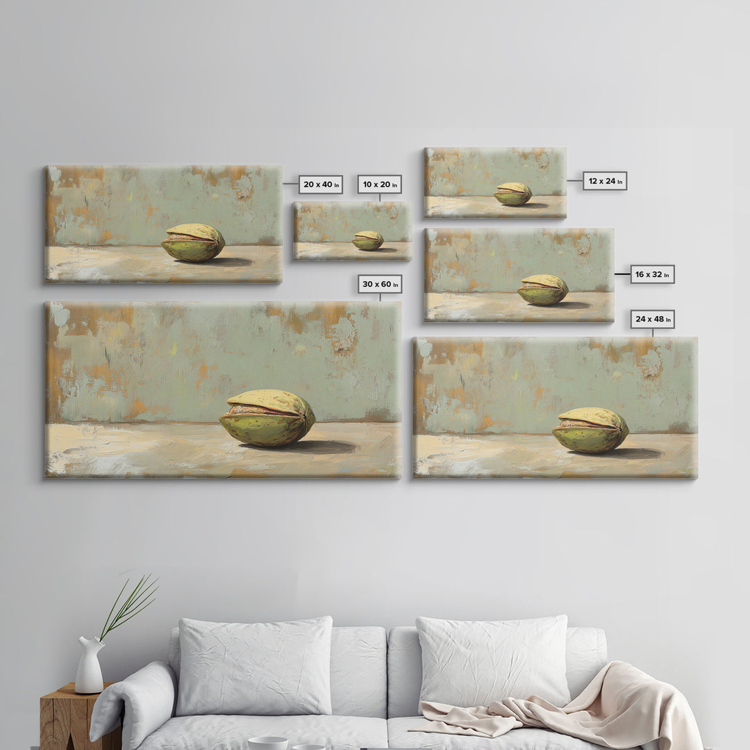 Minimal Pistachio Nut Still Life Wall Art, Organic Kitchen Canvas Print For Farmhouse Decor And Neutral Dining Room Decor