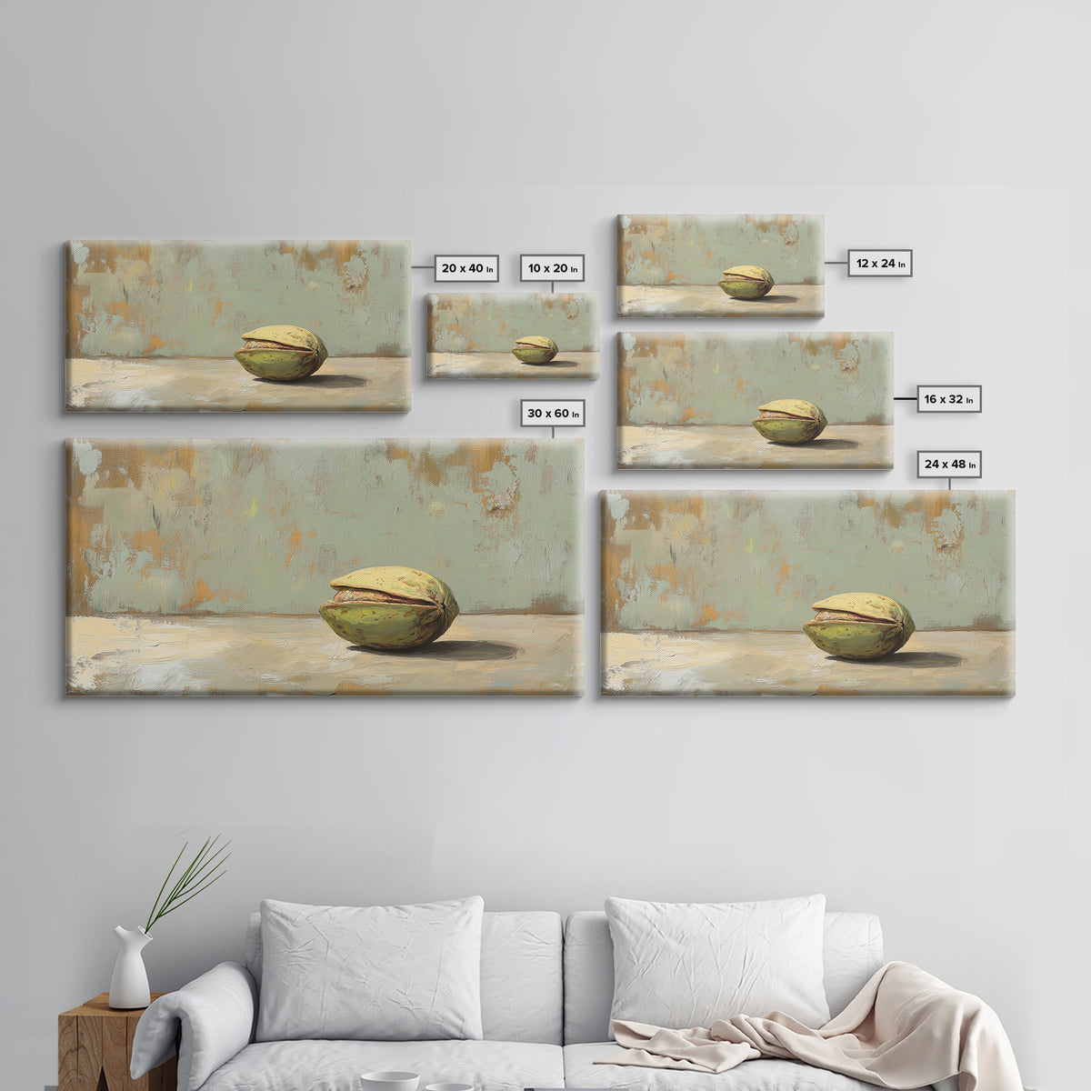 Minimal Pistachio Nut Still Life Wall Art, Organic Kitchen Canvas Print For Farmhouse Decor And Neutral Dining Room Decor
