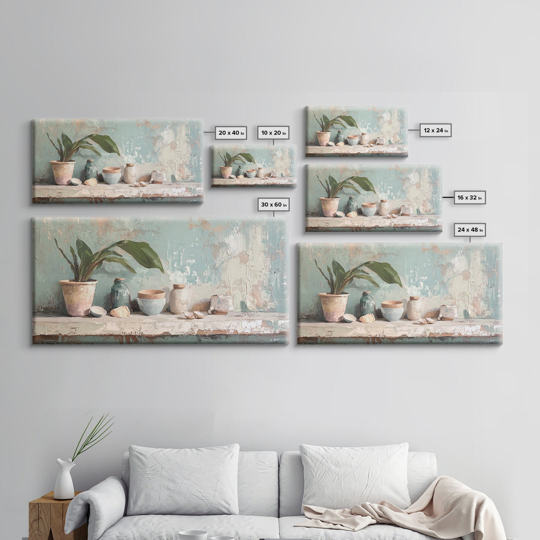 Potted Plant And Ceramic Bowl Canvas Print, Botanical Wall Art, Japandi Kitchen Decor, Neutral Home Decor For Living Room