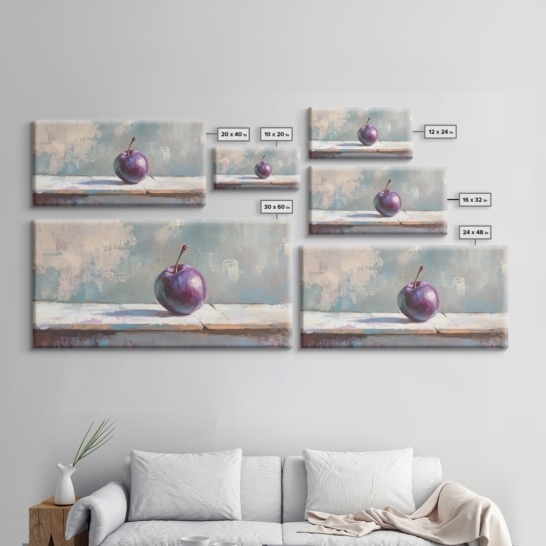 Single Purple Plum Still Life Canvas Print, Minimalist Kitchen Wall Art, Fruit Art Painting, Modern Rustic Home Decor Gift