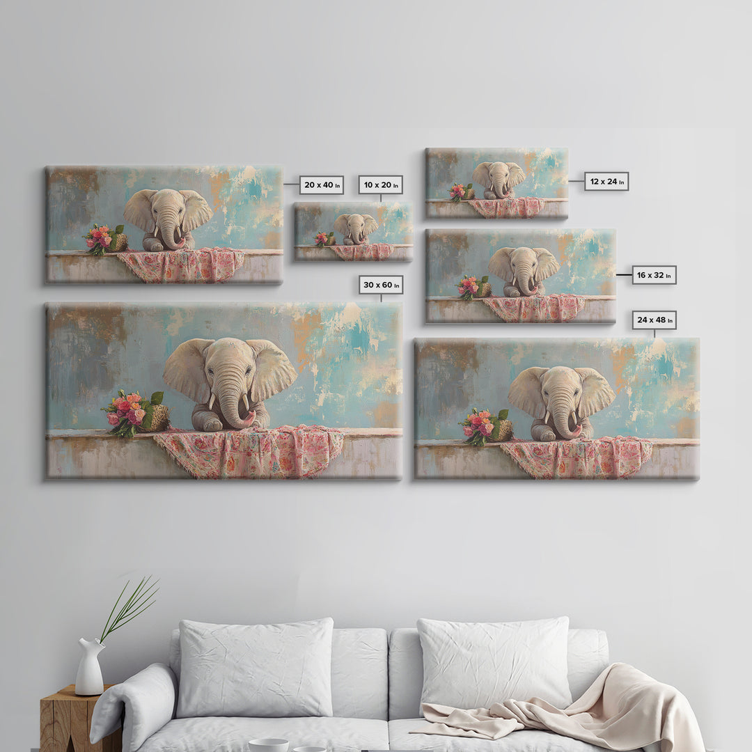 Baby Elephant With Flowers Framed Canvas Print, Safari Nursery Wall Art, Animal Wall Decor, Whimsical Kids Room Decor, Baby Shower Gift