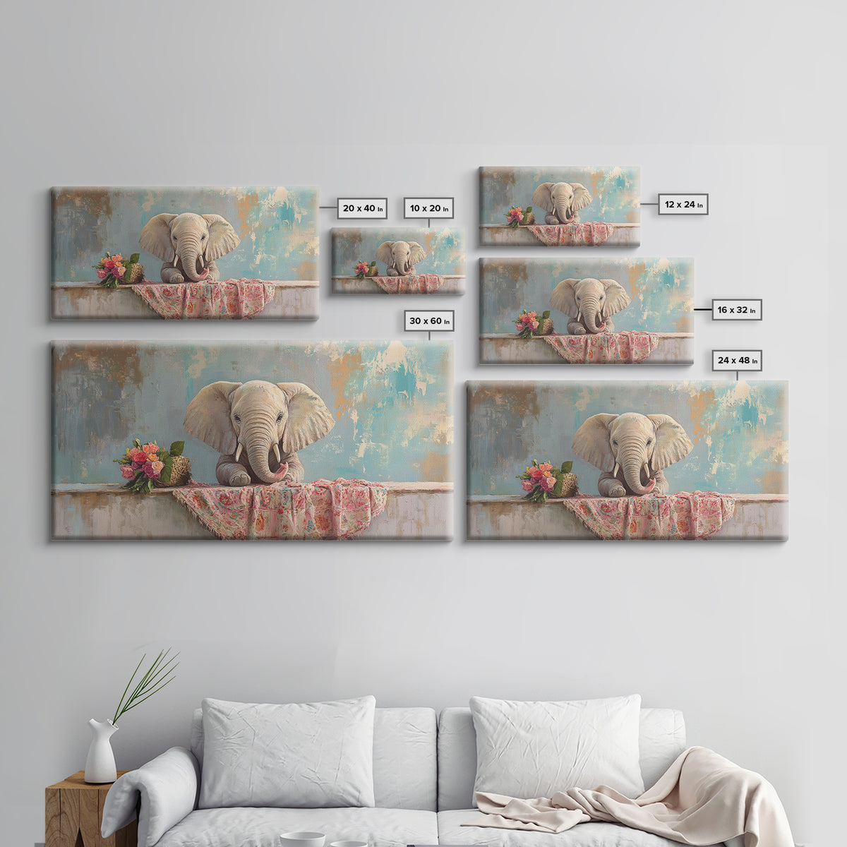 Baby Elephant With Flowers Framed Canvas Print, Safari Nursery Wall Art, Animal Wall Decor, Whimsical Kids Room Decor, Baby Shower Gift