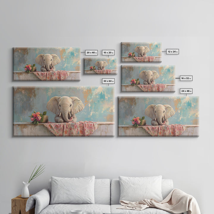 Baby Elephant With Flowers Framed Canvas Print, Safari Nursery Wall Art, Animal Wall Decor, Whimsical Kids Room Decor, Baby Shower Gift