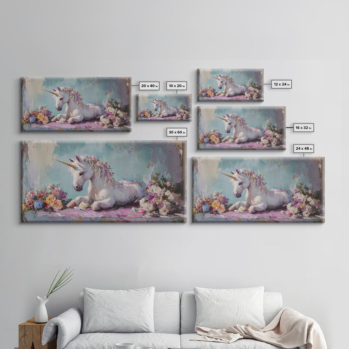 White Unicorn With Floral Garland Canvas Print, Fantasy Nursery Wall Art, Whimsical Girls Room Decor, Magical Gift For Her
