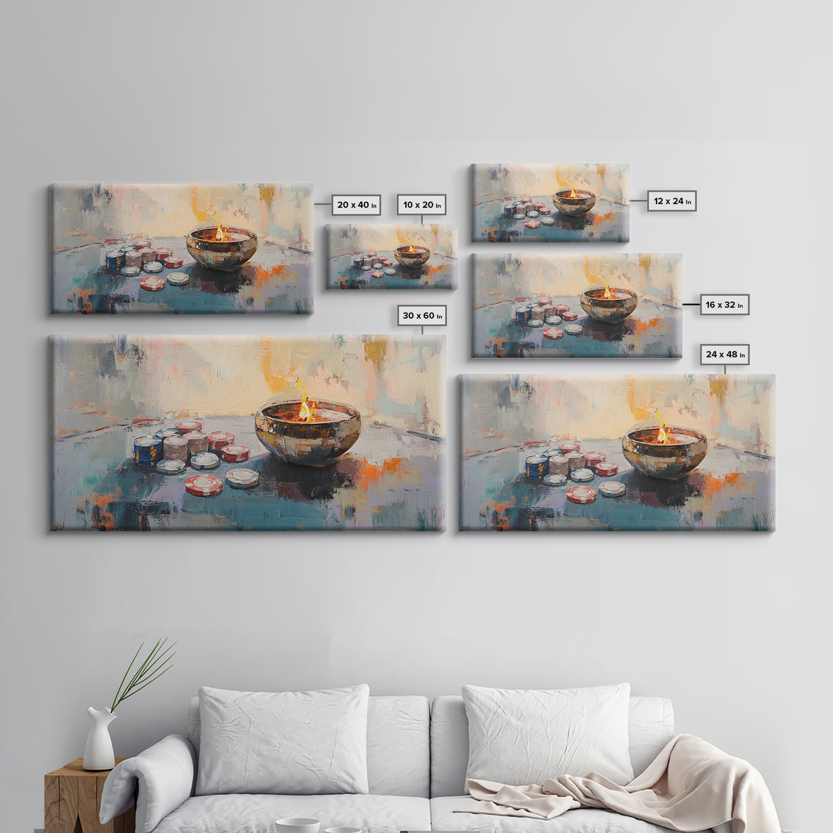 Glowing Candle Bowl And Poker Chips Canvas Print, Game Room Art, Bar Decor, Man Cave Decor, Moody Still Life, Gift For Him
