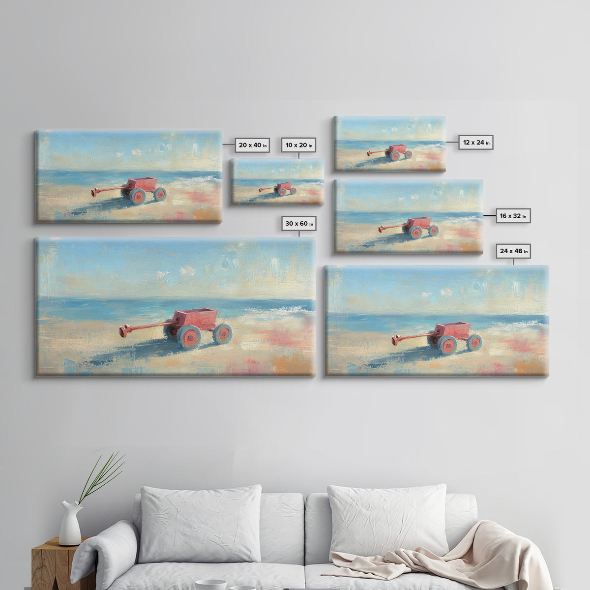 Red Toy Wagon On Sandy Beach Canvas Print, Coastal Nursery Wall Art, Whimsical Ocean Decor, Summer Kids Room Decor Print