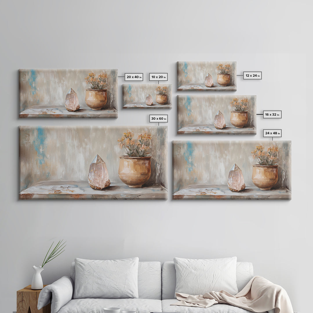 Rose Quartz Crystal And Potted Flowers Wall Art, Zen Still Life Painting, Earth Tone Boho Decor, Spiritual Canvas Print, Unique Gift