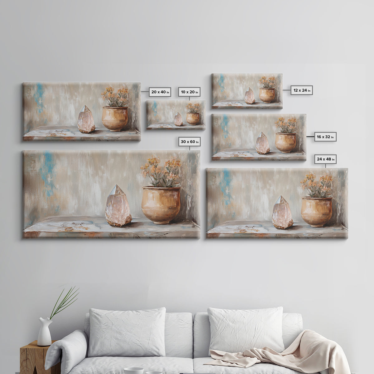 Rose Quartz Crystal And Potted Flowers Wall Art, Zen Still Life Painting, Earth Tone Boho Decor, Spiritual Canvas Print, Unique Gift