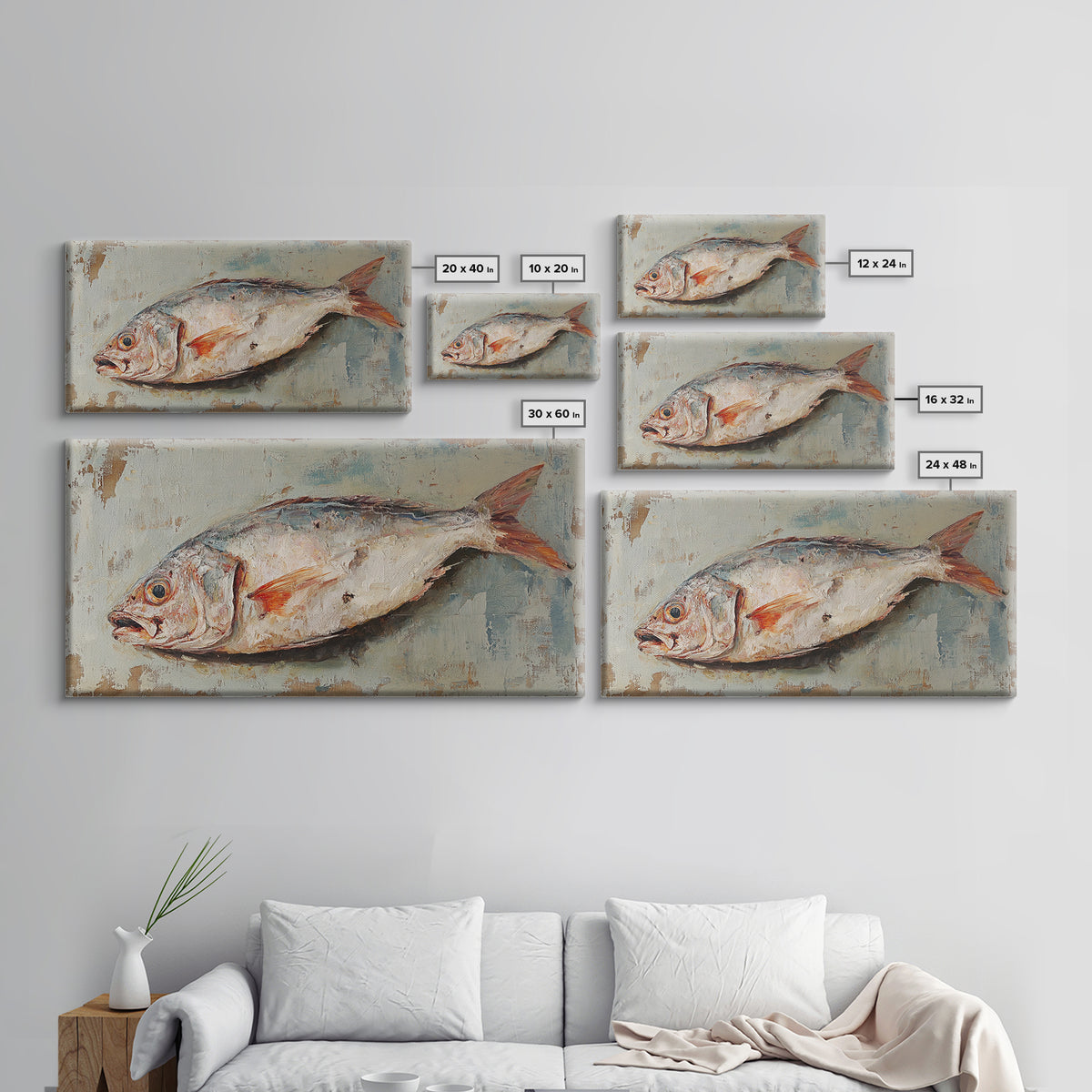 Rustic Whole Fish Oil Painting Wall Art, Coastal Kitchen Decor, Seafood Still Life, Nautical Dining Room Canvas Art Print